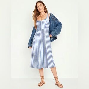 Old Navy Fit & Flare Linen-Blend Midi Dress L Large Blue and White Stripe